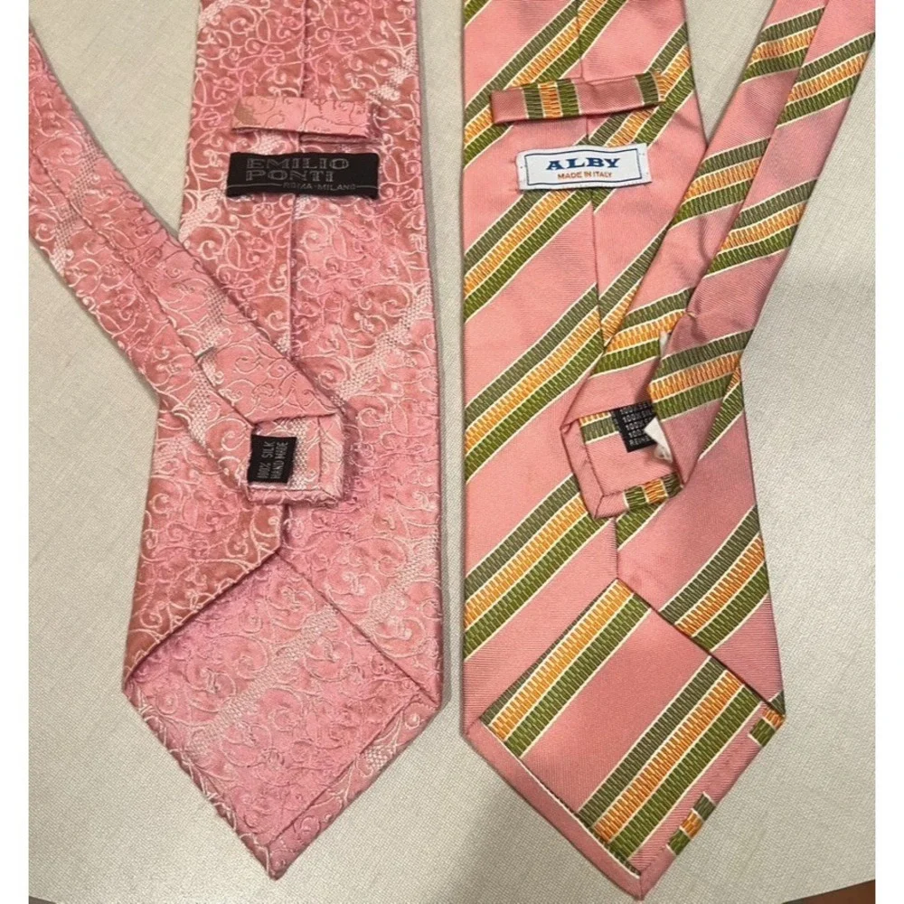 Emilio Ponte Jacquard & Alby Repp Necktie Lot of‎ 2 Pink Silk Handmade in Italy